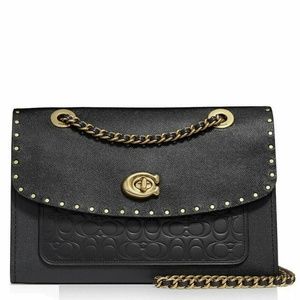 NWT Coach Parker Studded Snakeskin Convertible Shoulder Bag Black & Gold Org Pkg
